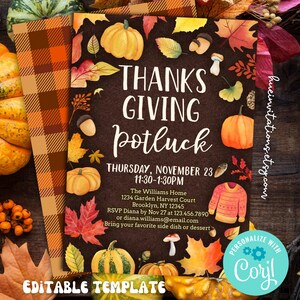May include: Thanksgiving potluck invitation with a brown background, featuring pumpkins, leaves, and acorns. The text reads "Thanksgiving Potluck" with event details. The design includes a plaid pattern and the words "Editable Template".
