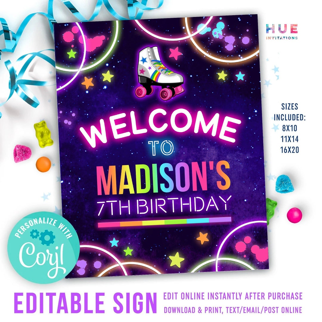Editable Welcome Sign for Girls Roller Skating Birthday Party | Neon ...