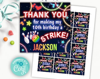 bowling birthday favor tags Corjl template | blue kids bowling birthday party thank you tag editable templates |