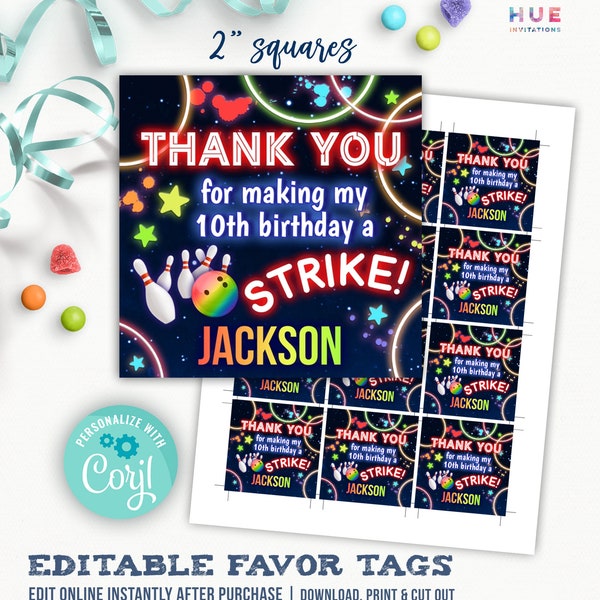 bowling birthday favor tags instant download | blue kids bowling birthday party thank you tag editable templates | instant download