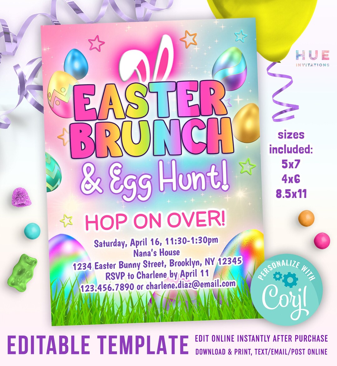Easter Brunch & Egg Hunt Invitation Template | Hop on Over Easter Bunny ...
