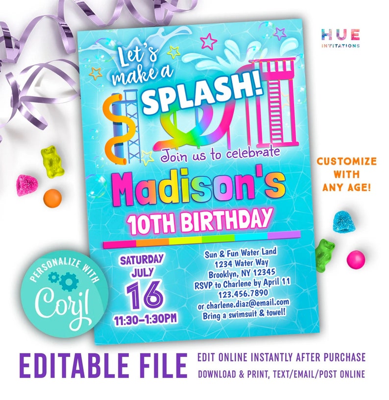 editable water park birthday invitation template let's make a splash girls waterpark party invite summer waterslide printable invitation image 1