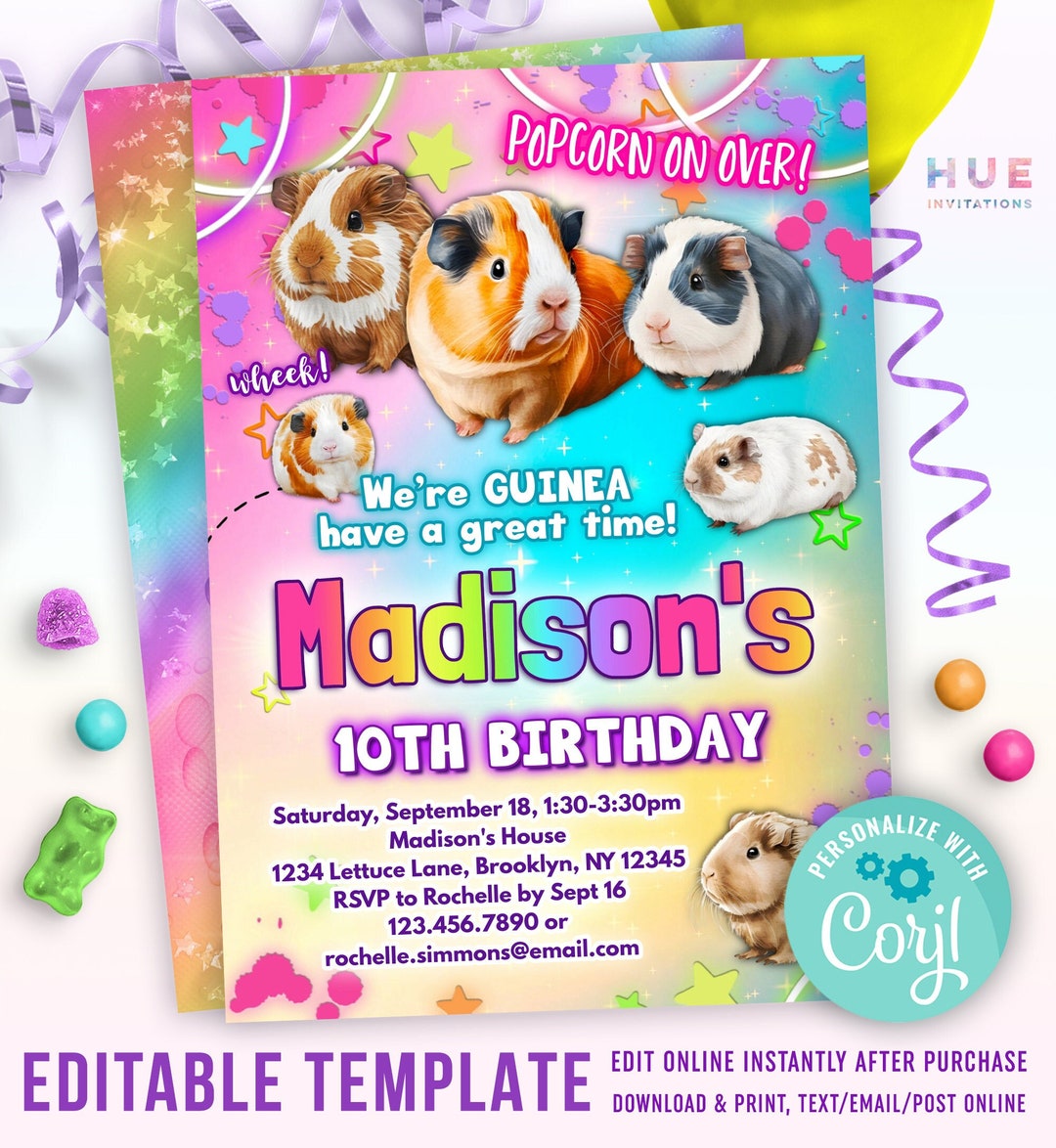 Guinea Pig Birthday Party Invitation Editable Template Girls Guinea ...