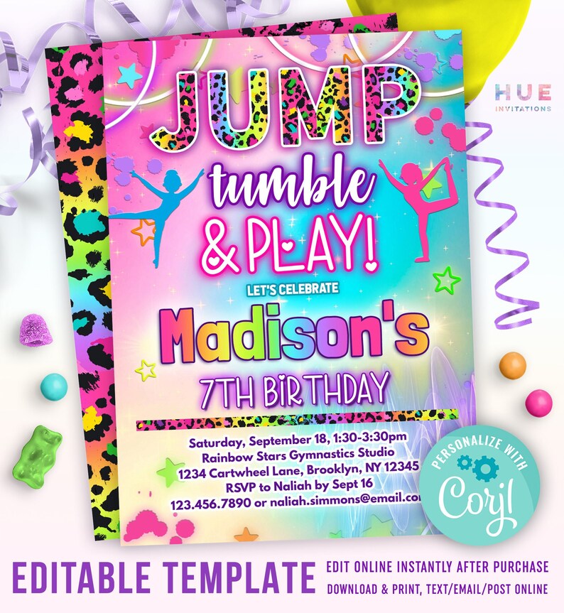 May include: A colorful birthday party invitation with the text "JUMP tumble & PLAY!" and "Madison's 7th Birthday." The design features a gymnastics theme with stars, silhouettes of gymnasts, and a leopard print border. The invitation is an editable template.