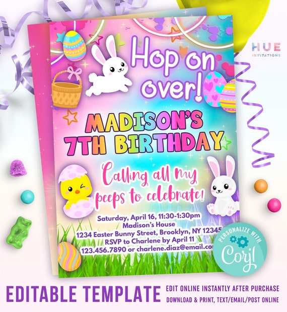 Easter birthday party invitation for kids | hop on over Easter bunny birthday invites for kids | cute Easter party invitation template