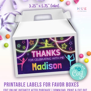 printable gymnastics party favor box labels | jump tumble & play gymnastics theme birthday treat box labels | editable template