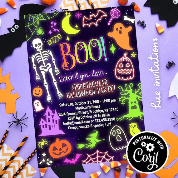 neon Halloween party invitations | spooktacular Halloween costume party invites | kids spooky Halloween invites neon colors