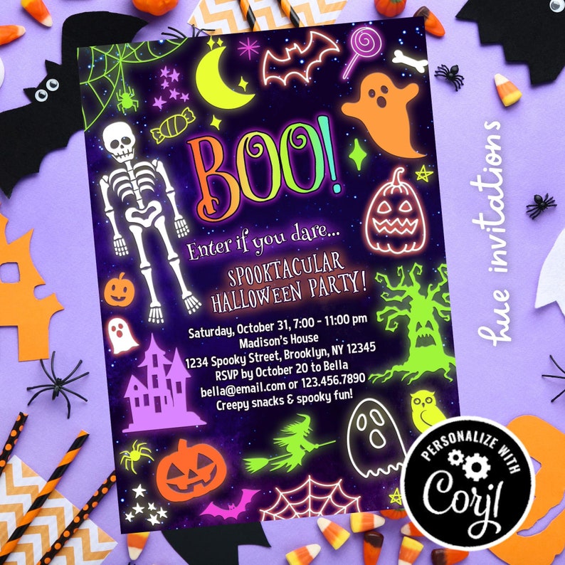 neon Halloween party invitations | spooktacular Halloween costume party invites | kids spooky Halloween invites neon colors image 1
