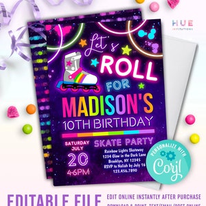 May include: A purple birthday invitation with neon pink, green, blue, and yellow text that reads "Let's Roll for Madison's 10th Birthday". The invitation features a cartoon roller skate with rainbow wheels and a star on the side. The invitation also includes the text "Skate Party" and details about the party, including the date, time, and location.