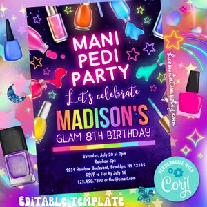 mani pedi party invitation editable Corjl template | girls glam nail polish birthday invite | nail salon spa birthday invitation