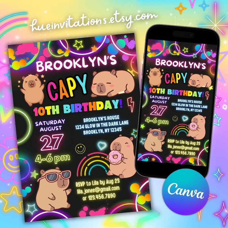 May include: A birthday invitation design featuring a capybara theme. The invitation includes the text "Brooklyn's Capy 10th Birthday!" with event details. The design is displayed on a printed card and a smartphone screen.