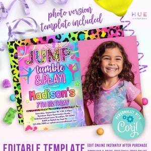 May include: A colorful birthday party invitation with the text "JUMP tumble & PLAY!" and "Madison's 7TH BIRTHDAY." The invitation includes a photo of a smiling girl and is an editable template. The design features a gymnastics theme.