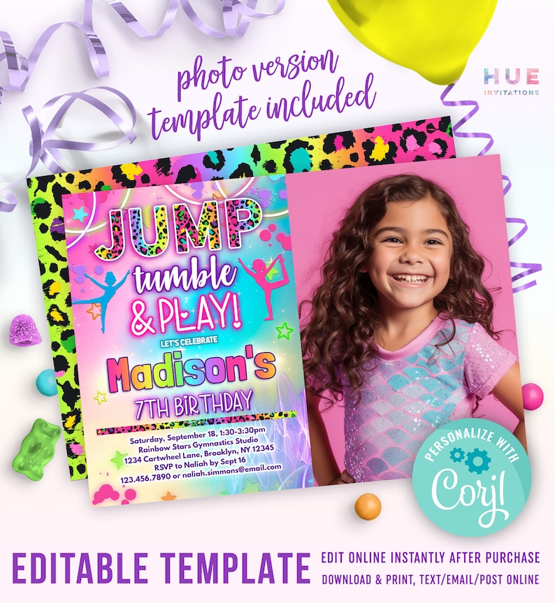 May include: A colorful birthday party invitation with the text "JUMP tumble & PLAY!" and "Madison's 7TH BIRTHDAY." The invitation includes a photo of a smiling girl and is an editable template. The design features a gymnastics theme.