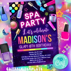 girls spa birthday party invitation editable template | glam makeup & nails spa party bus invite for kids Corjl template