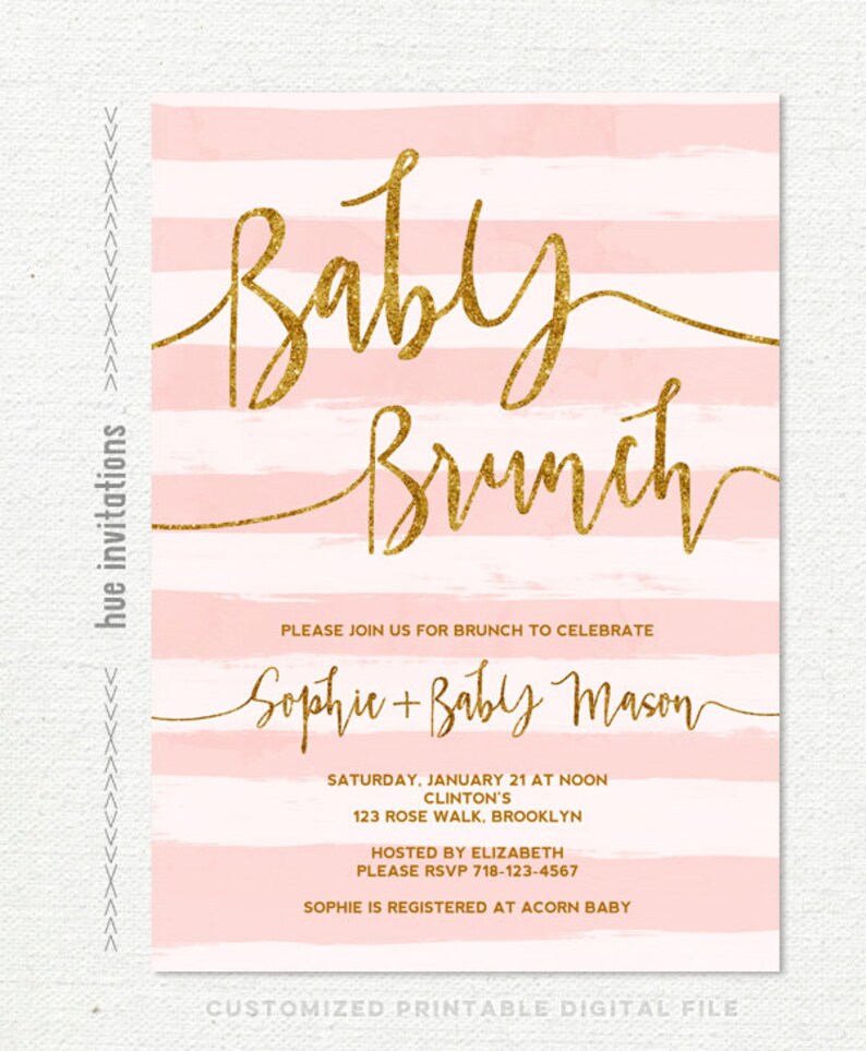 Baby Shower Brunch Invitation Gold Glitter Pink Stripes Baby Etsy Baby Shower Brunch Invitation Gold Glitter Pink Stripes Baby Etsy