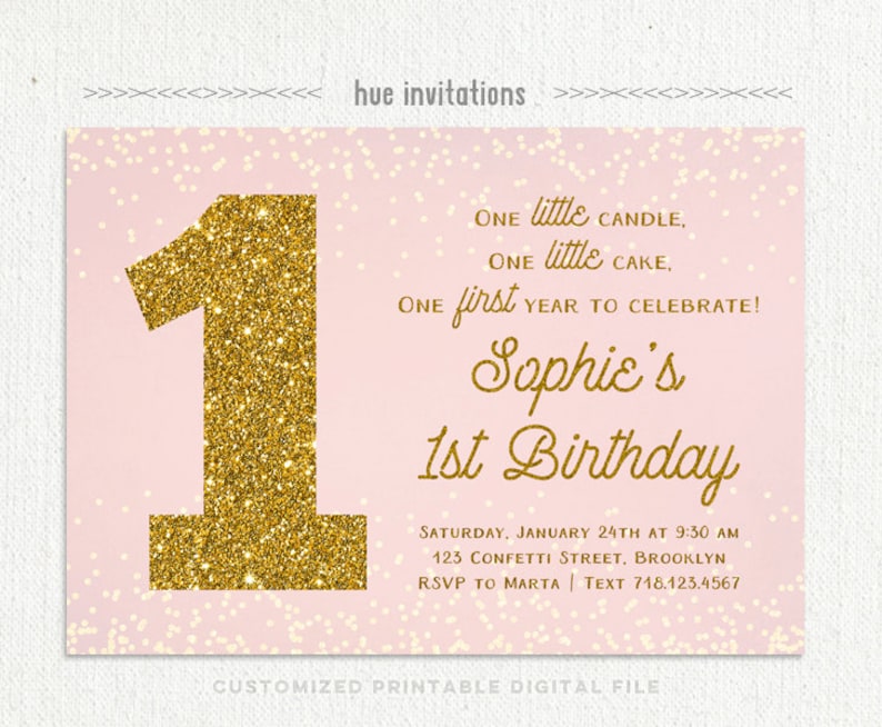 first birthday invitation pink and gold 1st birthday girl printable invitations blush pink gold glitter one chic customized invitation