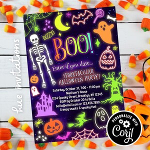 neon Halloween party invitations | spooktacular Halloween costume party invites | kids spooky Halloween invites neon colors image 3