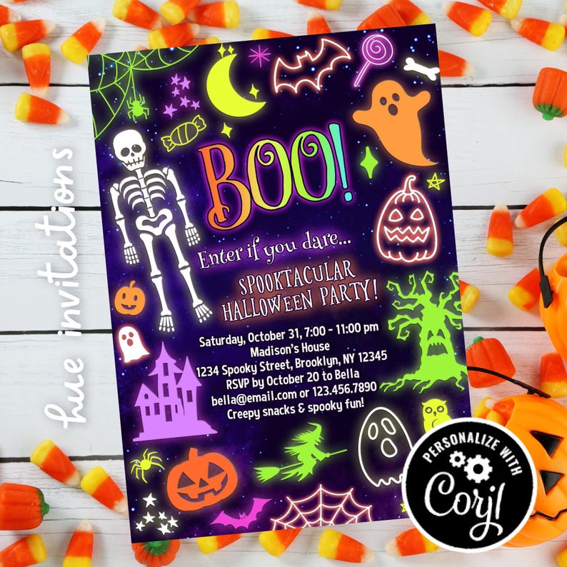neon Halloween party invitations | spooktacular Halloween costume party invites | kids spooky Halloween invites neon colors image 3