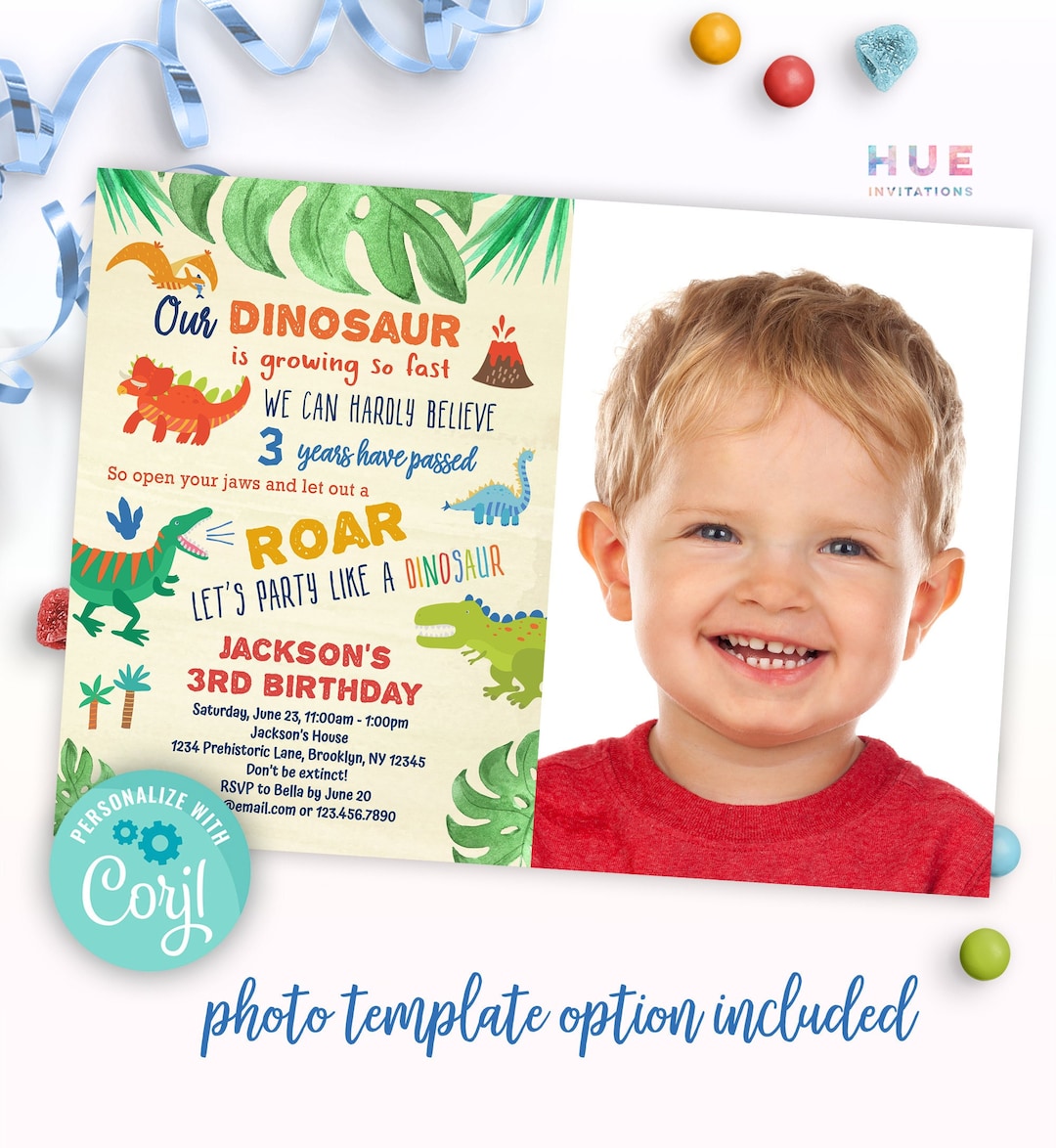 Editable Dinosaur Theme Party Invitation Template With a Photo ...