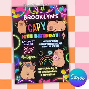 Capybara Glow Birthday Invitation Template | Neon Kids Party Invite | Editable Canva Template | Capy Birthday Any Age image 4