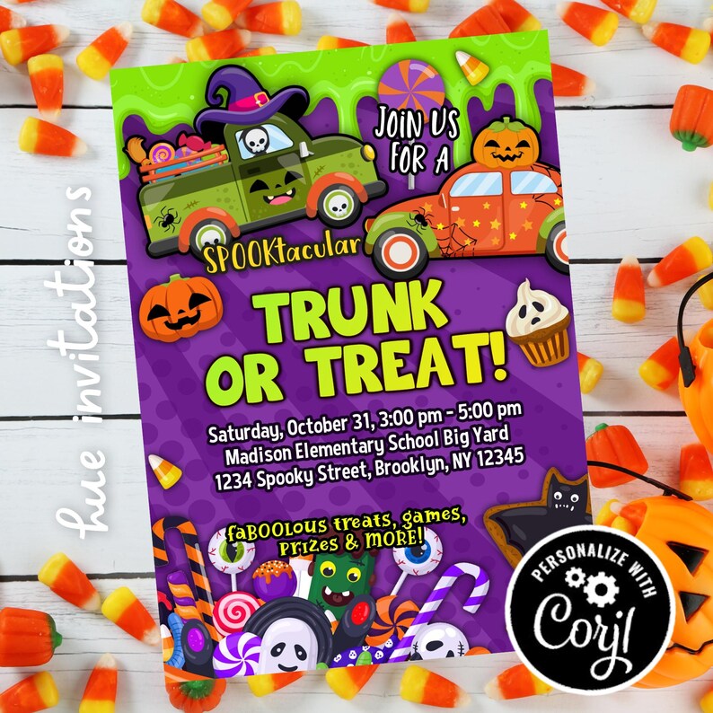 May include: A Halloween-themed invitation with a green and purple design. The invitation features cartoon trucks, pumpkins, and the text "TRUNK OR TREAT!" surrounded by candy corn.