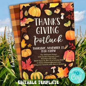 May include: Thanksgiving potluck invitation with pumpkins, leaves, and the text "Thanksgiving Potluck". The invitation includes the date, time, and location. The design features a brown background with fall-themed illustrations.