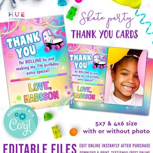 rainbow roller skate birthday party thank you cards editable template | girls roller skating thank you card printable templates