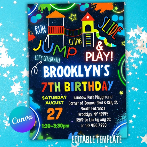 colorful playground birthday invitation editable with Canva | playground party invite for boys and girls to send via text, email or print