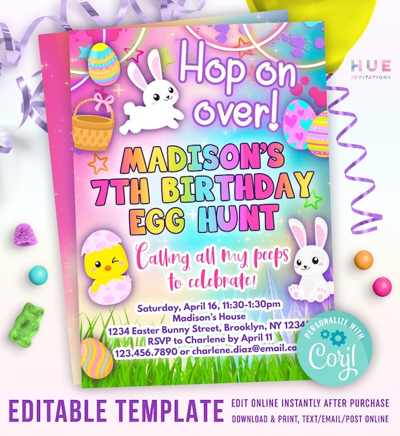 Easter egg hunt birthday party invitation | hop on over Easter birthday invites for kids | cute Easter bunny birthday invitation template