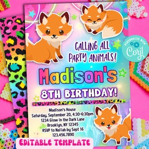 modello modificabile per invito festa di compleanno volpi carine / inviti festa animali volpe / colori vivaci arcobaleno per bambini