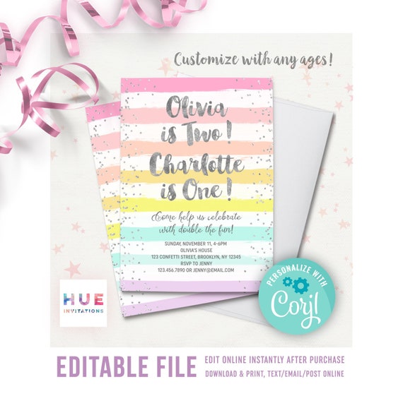 rainbow ladies sibling birthday get together invites printable prompt down load template double the enjoyment silver confetti pastel stripes picture about Invitations Printable named rainbow females sibling birthday celebration invites printable prompt down load template double the entertaining silver confetti pastel stripes