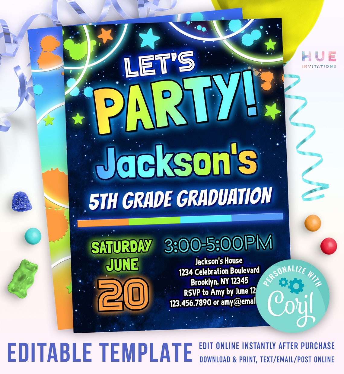 Grade R Invitation Card Boys 5th Grade Graduation Invitation Editable Template | End of the ...