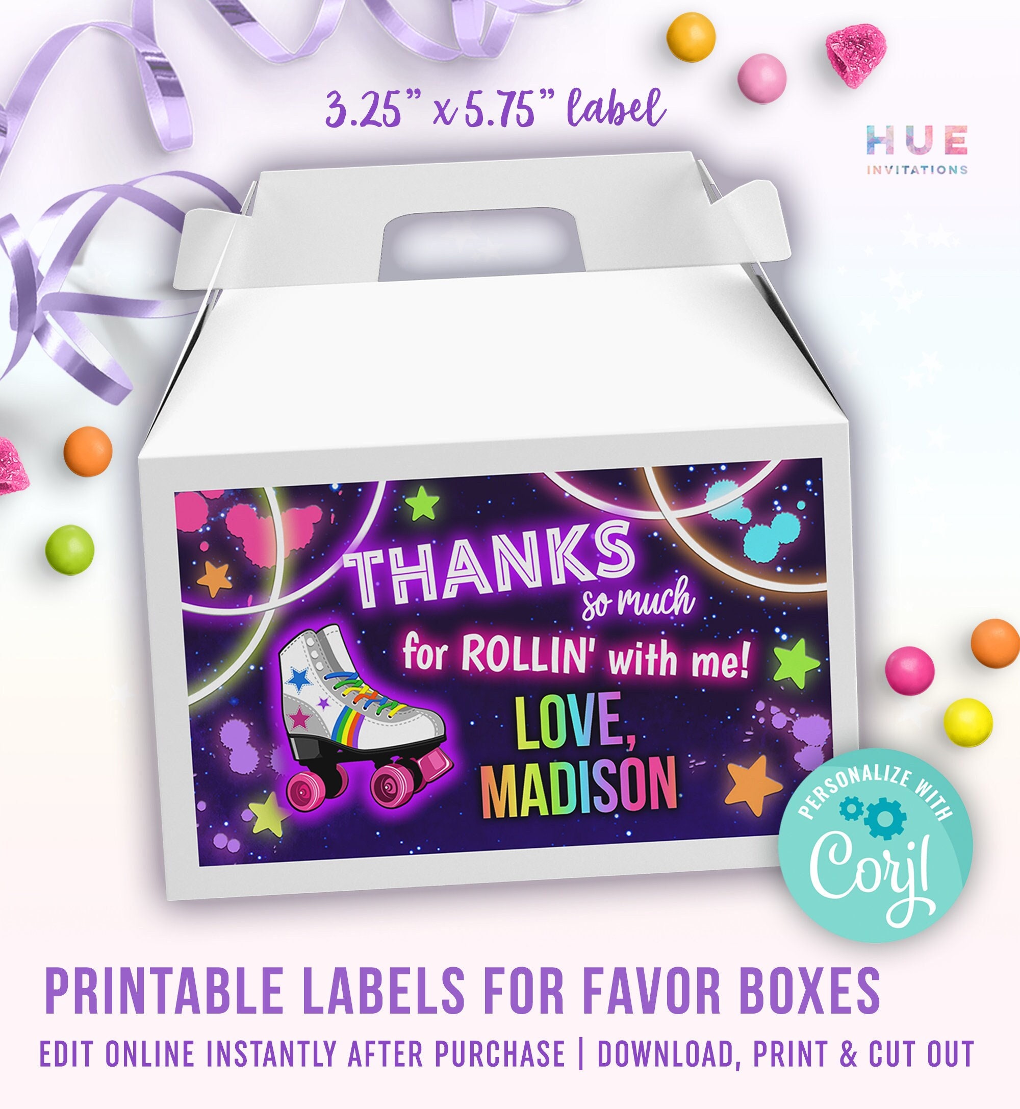 printable roller skate birthday favor box labels Corjl template | rainbow glow roller skating party treat box labels with photo & without