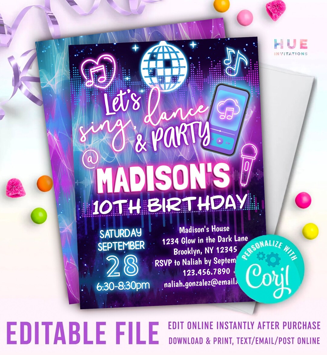Sing, Dance & Party Music App Theme Birthday Party Invitation Teen