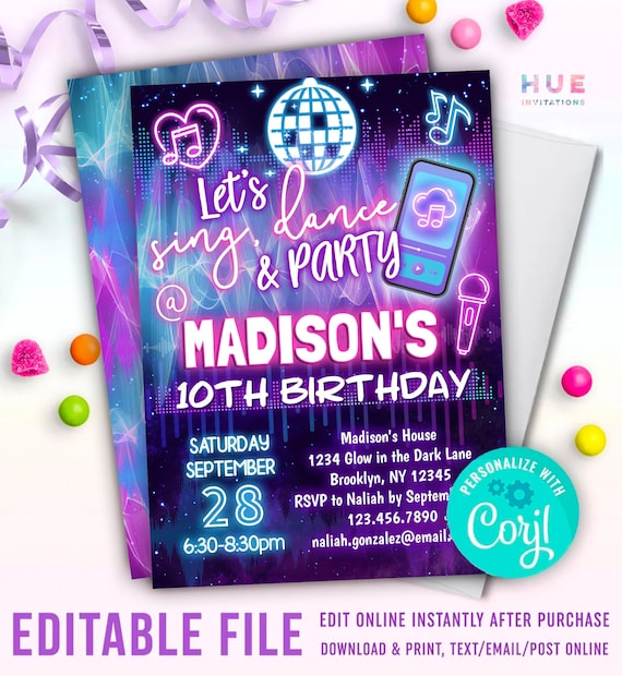 Sing, Dance & Party Music App Theme Birthday Party Invitation Teen Girls  Glow Disco Karaoke Music Party Birthday Invite Editable Template -   Israel