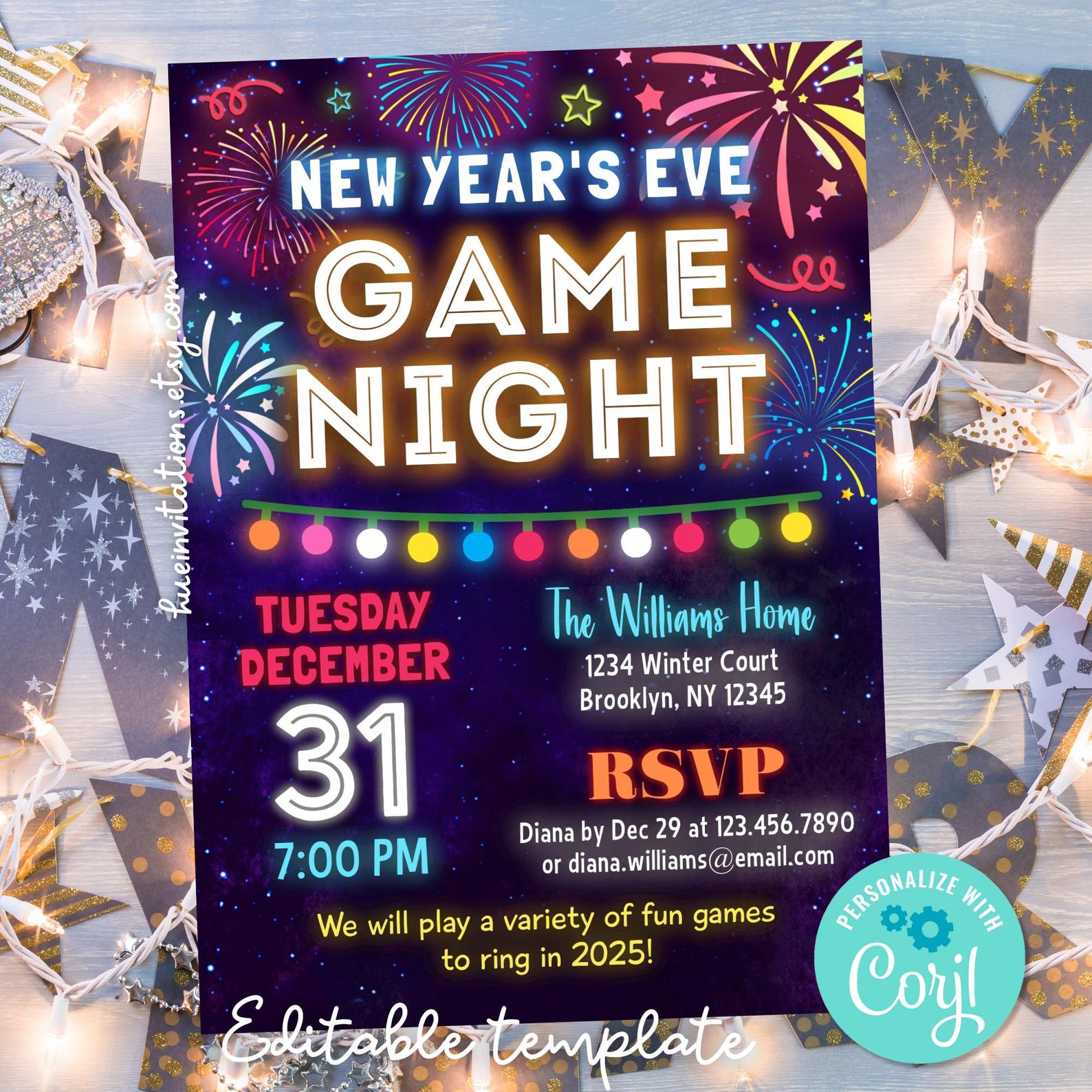 New Year's Eve Game Night Party Invitation | Editable New Years Game ...