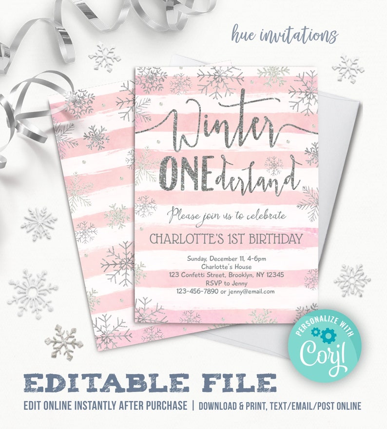 winter ONEderland 1st birthday invitation girl EDITABLE FILE pink white silver snowflakes one-derland first birthday instant download