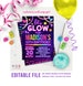 glow party invitation instant download | neon glow in the dark party girls teen birthday invitation EDITABLE TEMPLATE | rainbow stars space 