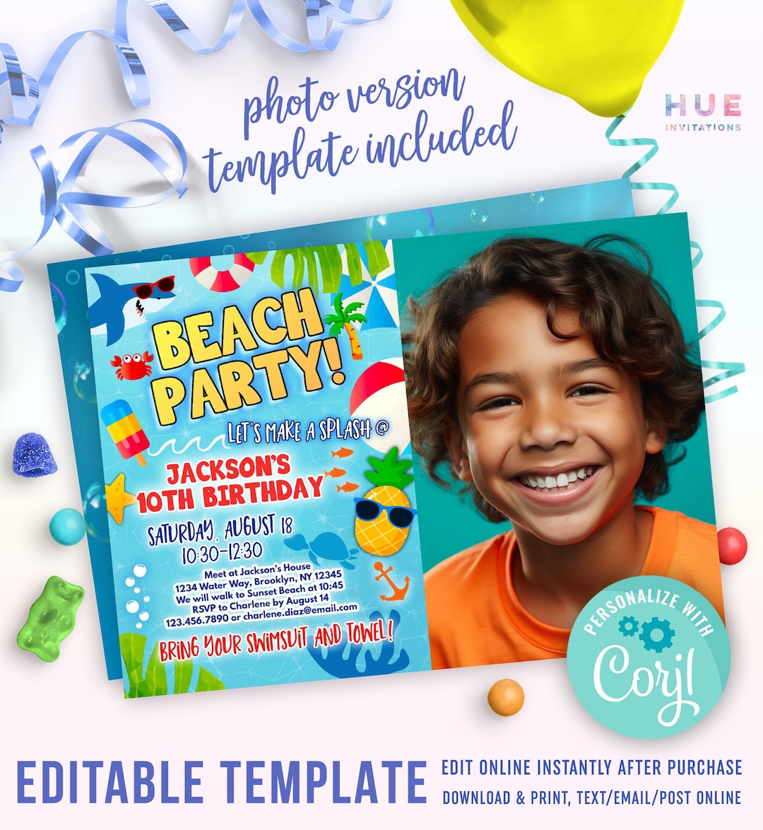 Kids Beach Party Invitation With Photo | Shark & Pineapple Tropical ...
