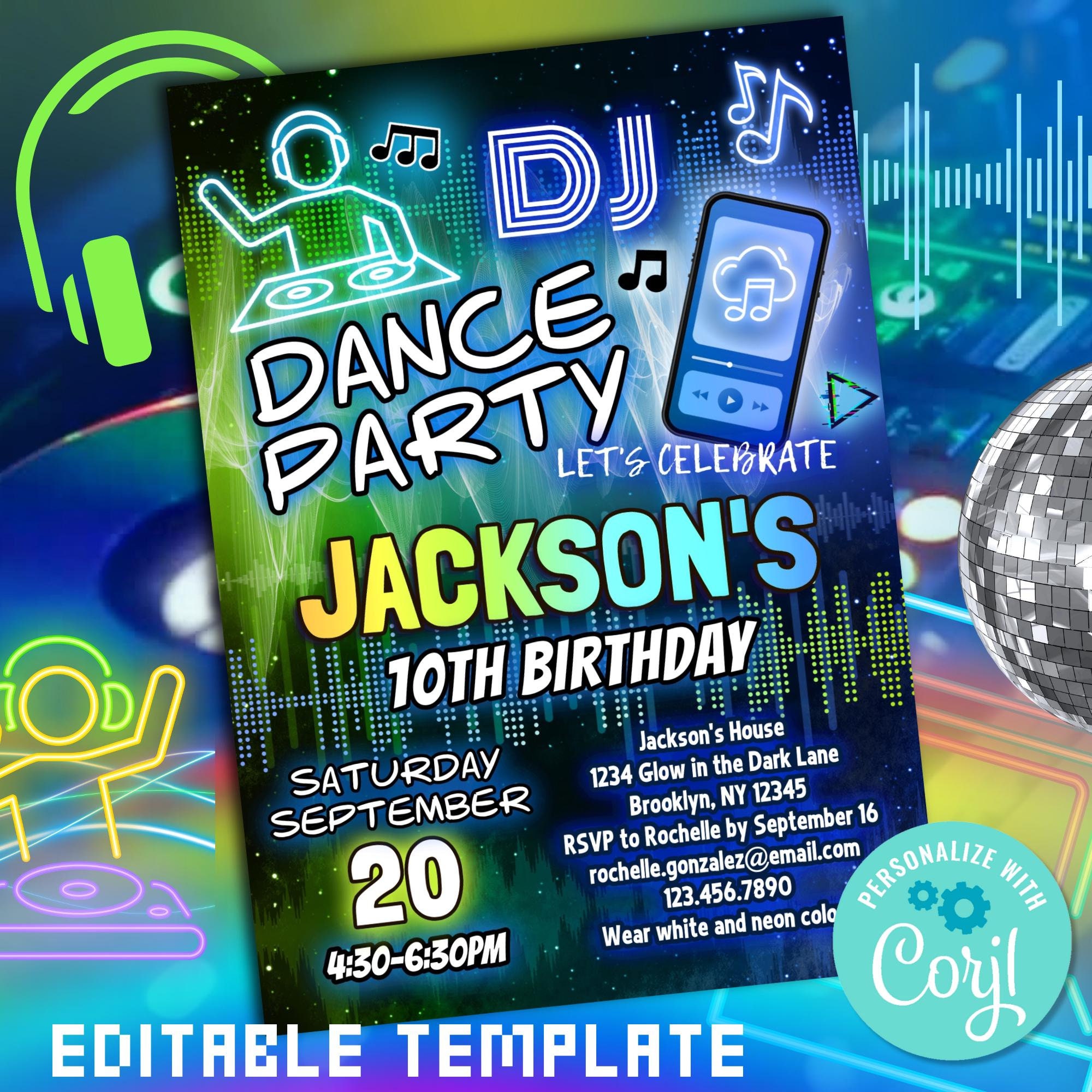 Invitación de cumpleaños de fiesta de baile de DJ para niños/plantilla  editable de invitación a fiesta temática de aplicación de música con luz  negra que brilla en la oscuridad para niños -, image size:2000x2000