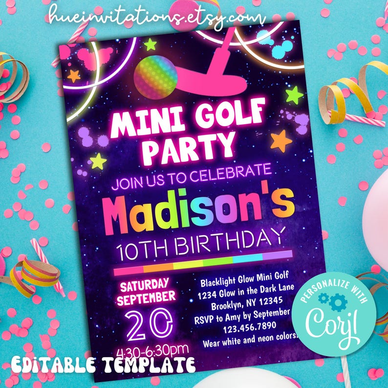 Pu&ograve; includere: Modello modificabile per un invito a una festa di minigolf al buio. L'invito presenta un design rosa e viola al neon con stelle e una mazza da golf. Il testo recita "Mini Golf Party" e "Unisciti a noi per festeggiare il 10&deg; compleanno di Madison".