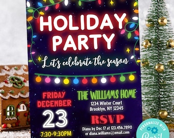 May include: A holiday party invitation with a dark blue background and colorful string lights. The text "HOLIDAY PARTY" is in large white letters, with the date and time details below. The invitation is an editable template.