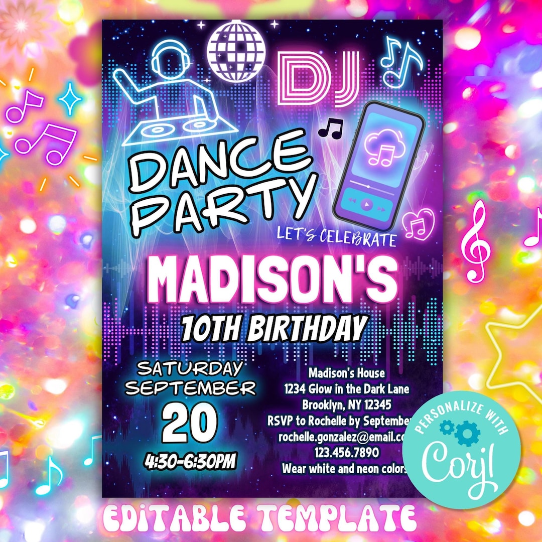 Girls DJ Dance Party Birthday Invitation Editable Template | Pink ...