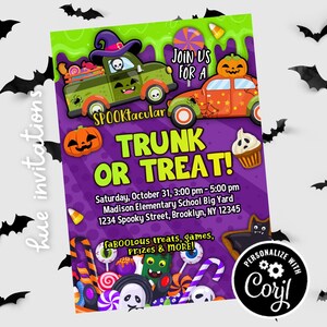 May include: A Halloween-themed invitation with a purple background and green accents. The design features cartoon cars, pumpkins, and candy, with the text "TRUNK OR TREAT!" and event details. Includes the text "faBOOLOUS treats, games, Prizes & MORE!"