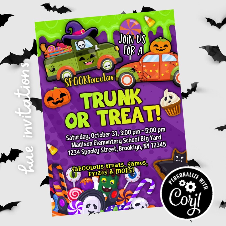May include: A Halloween-themed invitation with a purple background and green accents. The design features cartoon cars, pumpkins, and candy, with the text "TRUNK OR TREAT!" and event details. Includes the text "faBOOLOUS treats, games, Prizes & MORE!"
