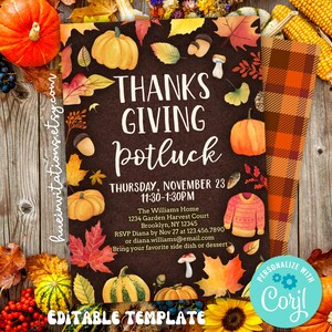 May include: Thanksgiving potluck invitation with pumpkins, leaves, and the text "Thanksgiving Potluck". The invitation includes the date, time, and location. The design features a brown background with fall-themed illustrations and a plaid pattern.