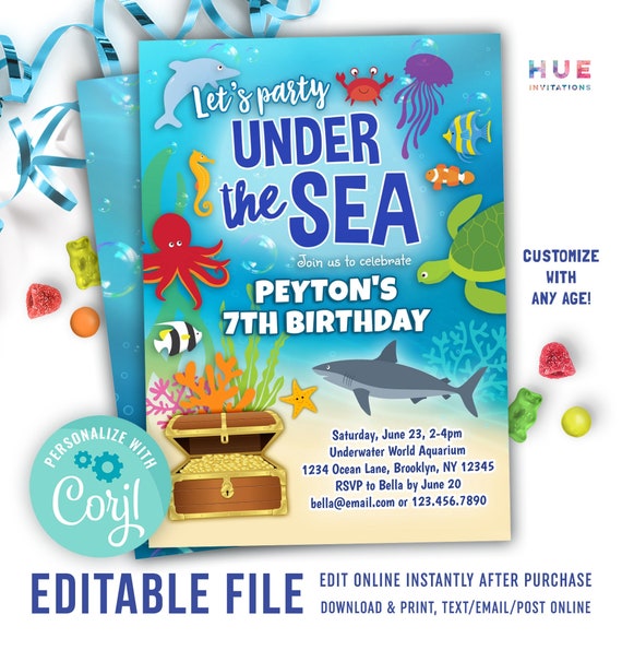 Under the Sea Birthday Invitation Editable Instant Download Underwater Ocean  Animals Theme Aquarium Birthday Party Invite for Boys & Girls 