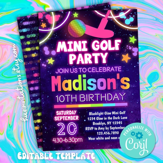 glow mini golf birthday invitation editable template | girls miniature golf party invite | glow in the dark crazy golf