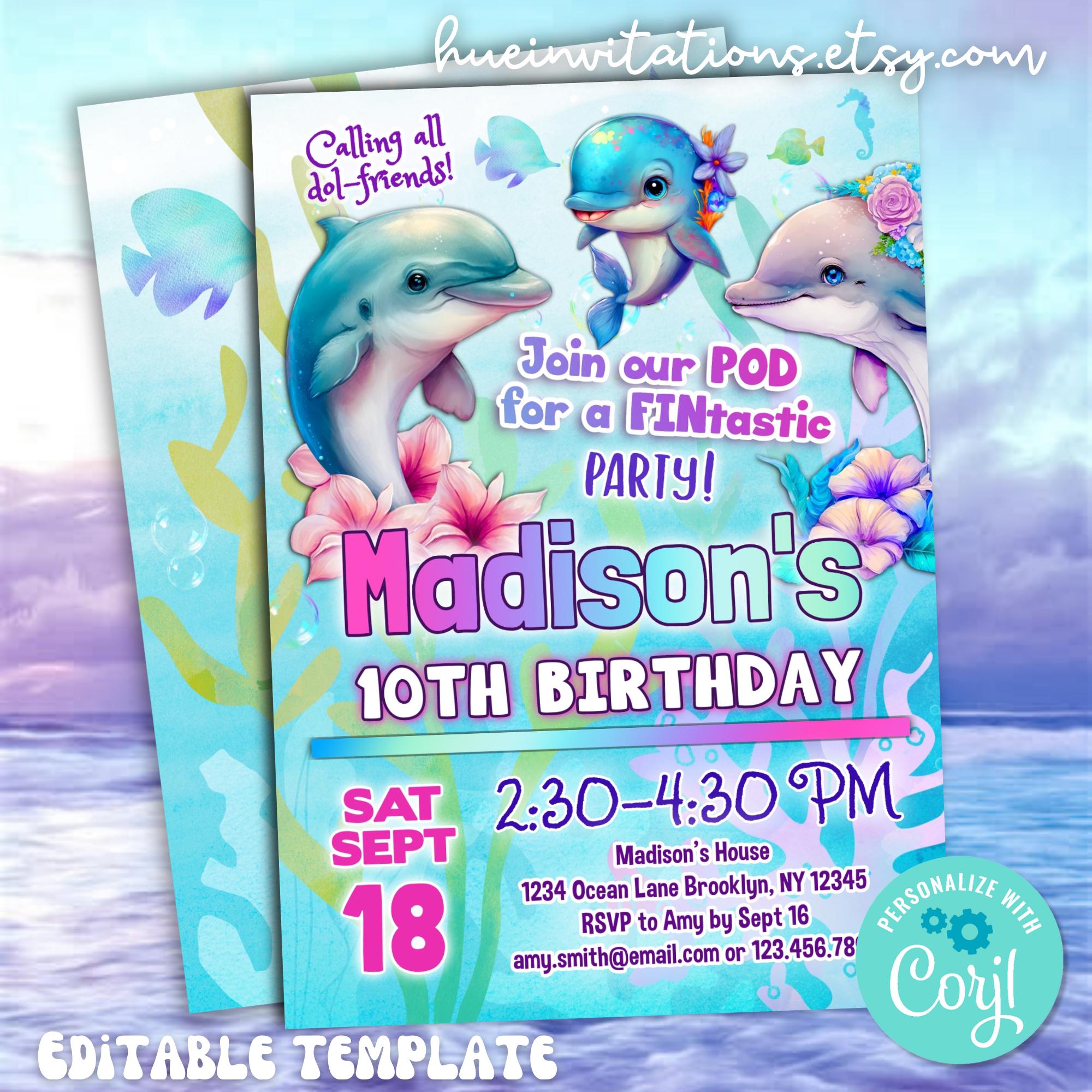 Cute Dolphin Birthday Party Invitation Under the Sea Hawaiian Dolphins Birthday Invite Girls Tropical Ocean Birthday Editable Template - Etsy