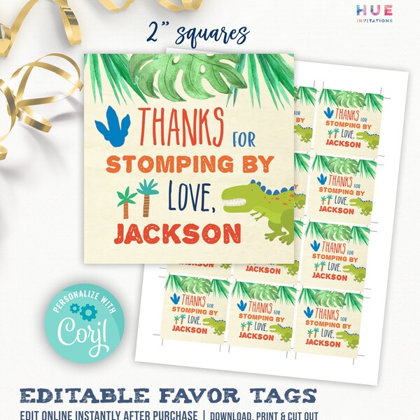 dinosaur favor tags instant download | dino birthday party thanks for stomping by | editable thank you bag tag template